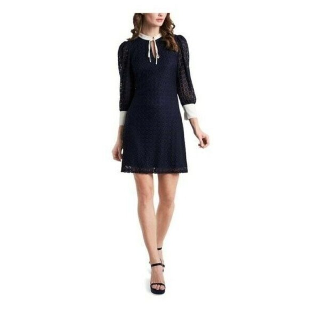Riley & Rae Womens Leyla Lace Dress Size Large Navy Blue White Contrast Tie Neck